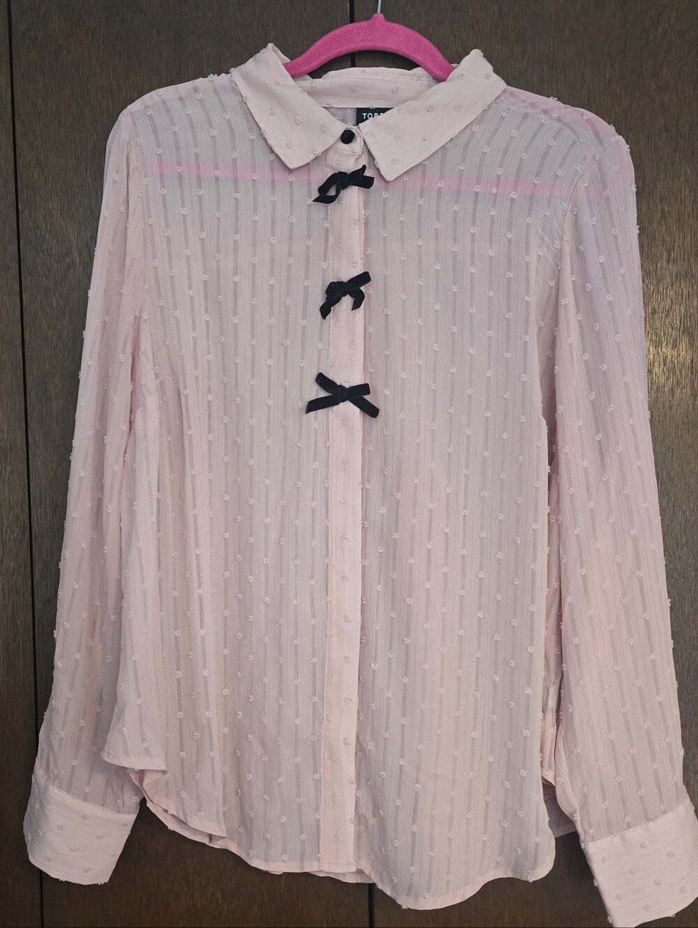Torrid Pink Swiss Dot Sheer Blouse with Blavk Bows